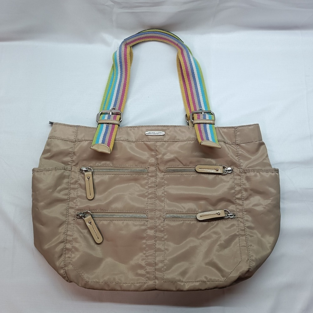 Franco Sarto Tan Nylon Tote Bag Multi Color Striped Strap Pockets with Pouch